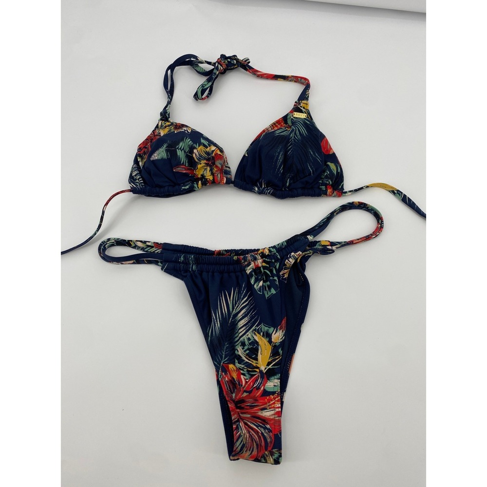 Roxy Bikini Swimsuit Womens M/L Navy Blue Floral Tropical Triangle Side Tie 2pc‎ - Picture 2 of 5